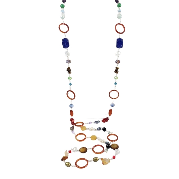 Long station necklace pearls carnelian lapis semi precious stones - Picture 3 of 8
